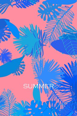 Tropik bitkilerin yaprakları. Renkli yaz kartpostalı, yaz tatili. Vektör arka planı.