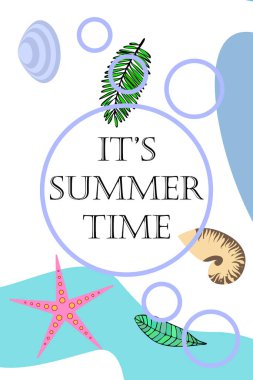 Yaz istirahati. Denizyıldızı, deniz kabuğu, tropik bitkilerin yaprakları. Vektör arka planı