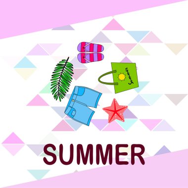 Yaz tatili. Plaj çantası, terlik, şort, denizyıldızı, tropik çarşaf. Vektör arka planı