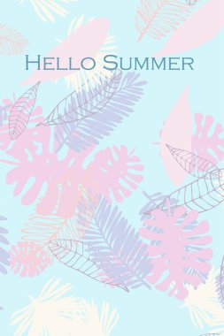 Tropik bitkilerin yaprakları. Renkli yaz kartpostalı, yaz tatili. Vektör arka planı.