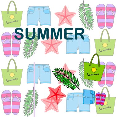 Yaz tatili. Plaj çantası, terlik, şort, denizyıldızı, tropik çarşaf. Vektör arka planı