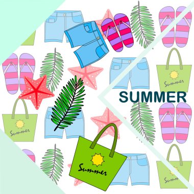 Yaz tatili. Plaj çantası, terlik, şort, denizyıldızı, tropik çarşaf. Vektör arka planı