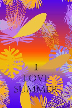 Tropik bitkilerin yaprakları. Renkli yaz kartpostalı, yaz tatili. Vektör arka planı.