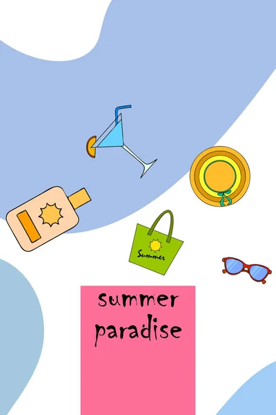 Vacaciones Playa Gafas Sol Sombrero Bolso Playa Cóctel Protector Solar — Vector de stock