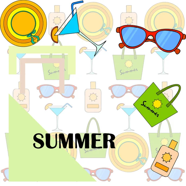 Vacaciones en playa. Gafas de sol, sombrero, bolso de playa, cóctel, protector solar. Fondo vectorial . — Archivo Imágenes Vectoriales