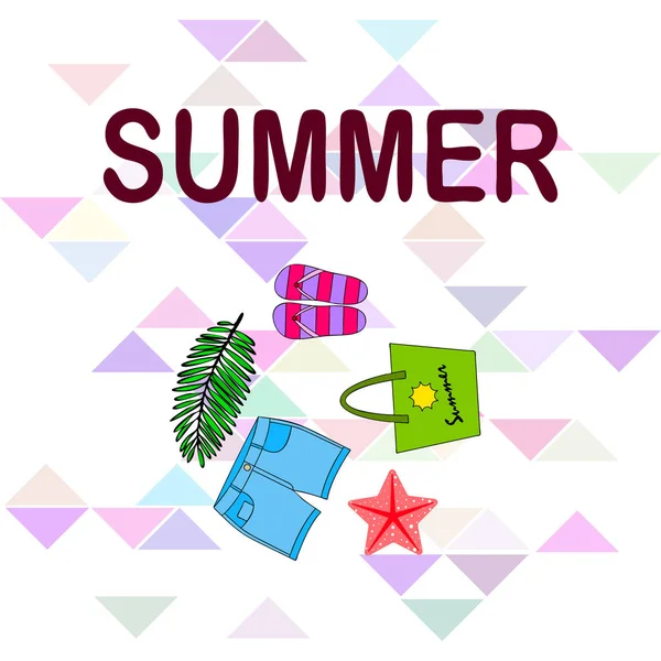 Yaz tatili. Plaj çantası, terlik, şort, denizyıldızı, tropik çarşaf. Vektör arka planı — Stok Vektör