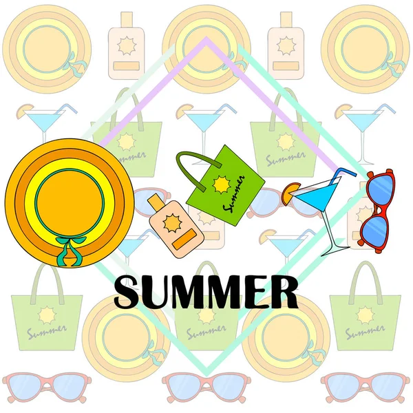 Vacaciones en playa. Gafas de sol, sombrero, bolso de playa, cóctel, protector solar. Fondo vectorial . — Archivo Imágenes Vectoriales