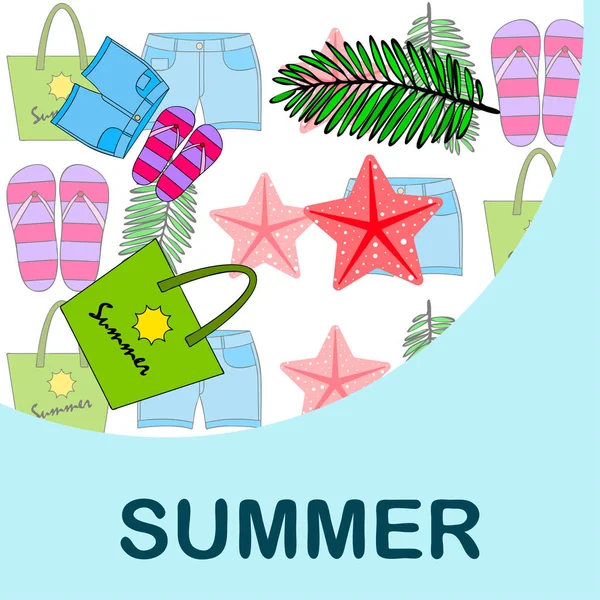 Vacaciones de verano. Bolsa de playa, zapatillas, pantalones cortos, estrellas de mar, sábana tropical. Fondo vectorial — Archivo Imágenes Vectoriales