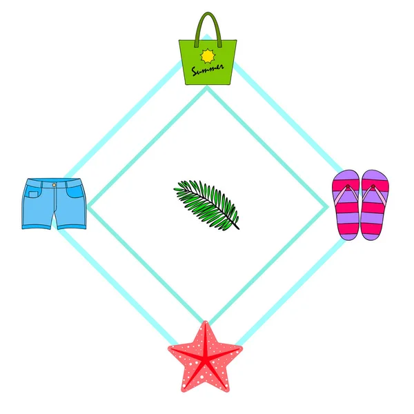 Vacaciones de verano. Bolsa de playa, zapatillas, pantalones cortos, estrellas de mar, sábana tropical. Fondo vectorial — Archivo Imágenes Vectoriales