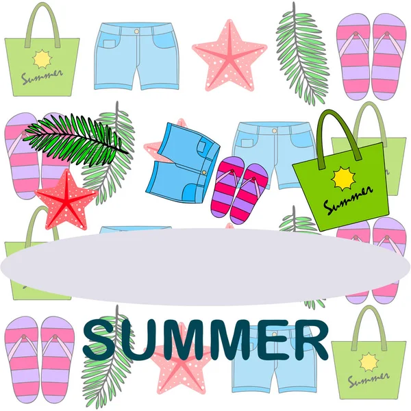 Vacaciones de verano. Bolsa de playa, zapatillas, pantalones cortos, estrellas de mar, sábana tropical. Fondo vectorial — Vector de stock