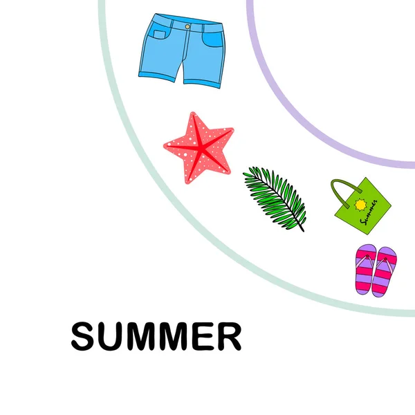 उन्हाळी सुट्टी. बीच बॅग, चप्पल, शॉर्ट्स, उष्णकटिबंधीय पत्रक. वेक्टर पार्श्वभूमी — स्टॉक व्हेक्टर