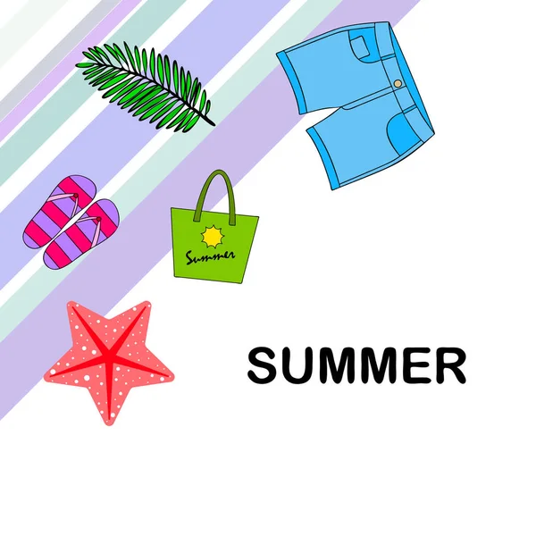 Vacaciones de verano. Bolsa de playa, zapatillas, pantalones cortos, estrellas de mar, sábana tropical. Fondo vectorial — Archivo Imágenes Vectoriales