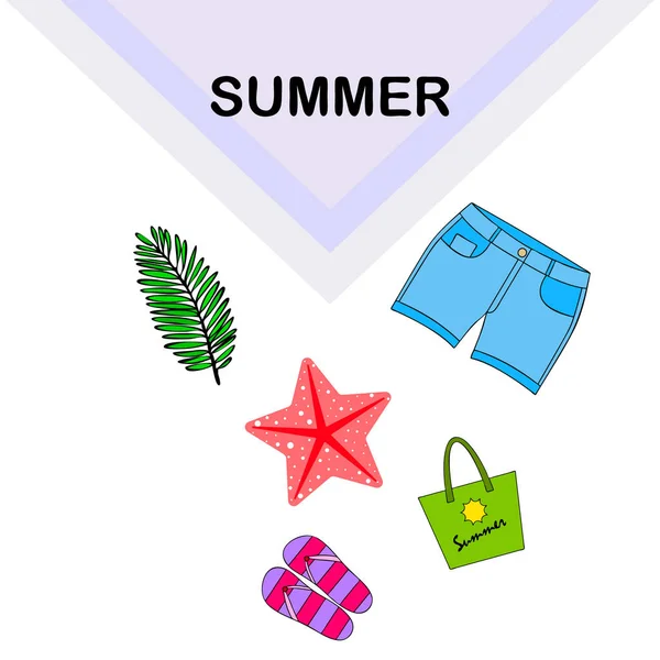 Summer vacation. Beach bag, slippers, shorts, starfish, tropical sheet. Vector background — Stock Vector