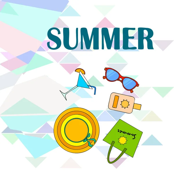 Vacances à la plage. Lunettes de soleil, chapeau, sac de plage, cocktail, crème solaire. Fond vectoriel . — Image vectorielle