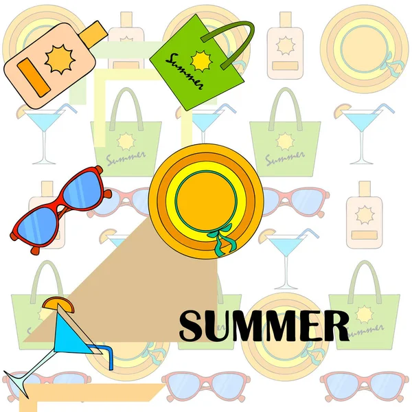 Vacaciones en playa. Gafas de sol, sombrero, bolso de playa, cóctel, protector solar. Fondo vectorial . — Archivo Imágenes Vectoriales