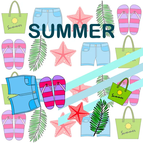 Zomervakantie. Strand tas, slippers, shorts, Starfish, tropische blad. Vector achtergrond — Stockvector