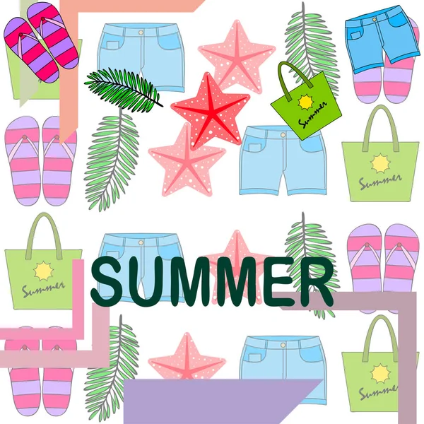 Summer vacation. Beach bag, slippers, shorts, starfish, tropical sheet. Vector background — Stock Vector