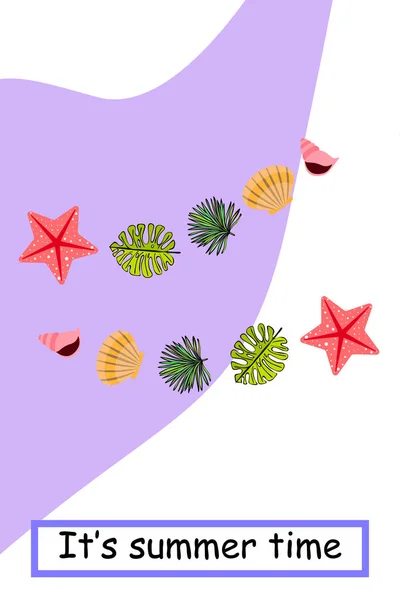 Літній Відпочинок Зоряна Риба Черепаха Листя Тропічних Рослин Векторний Фон — стоковий вектор
