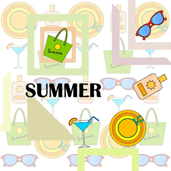 Strandvakantie. Zonnebril, hoed, strandtas, cocktail, zonnebrandcrème. Vector achtergrond. — Stockvector