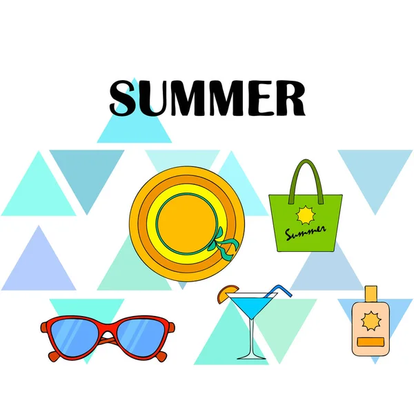 Vacances à la plage. Lunettes de soleil, chapeau, sac de plage, cocktail, crème solaire. Fond vectoriel . — Image vectorielle