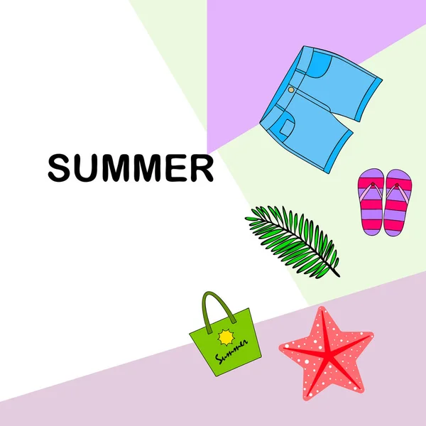 Vacaciones de verano. Bolsa de playa, zapatillas, pantalones cortos, estrellas de mar, sábana tropical. Fondo vectorial — Vector de stock