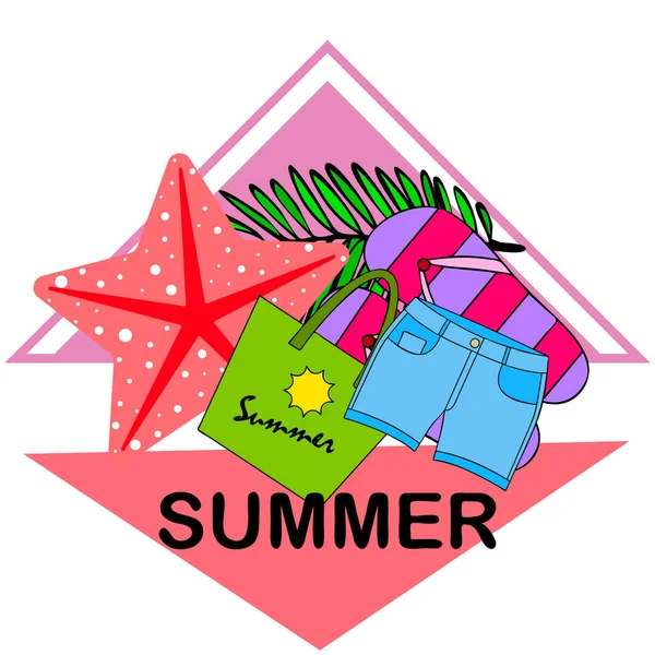 Zomervakantie. Strand tas, slippers, shorts, Starfish, tropische blad. Vector achtergrond — Stockvector