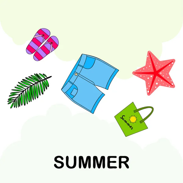 夏休み。ビーチバッグ、スリッパ、ショートパンツ、ヒトデ、トロピカルシート。ベクトルの背景 — ストックベクタ
