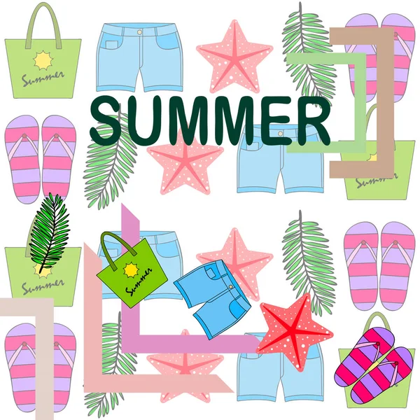 Summer vacation. Beach bag, slippers, shorts, starfish, tropical sheet. Vector background — Stock Vector