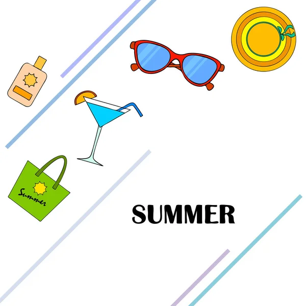 Tengerparti vakáció. Napszemüveg, kalap, strand táska, koktél, fényvédő. Vektorháttér. — Stock Vector