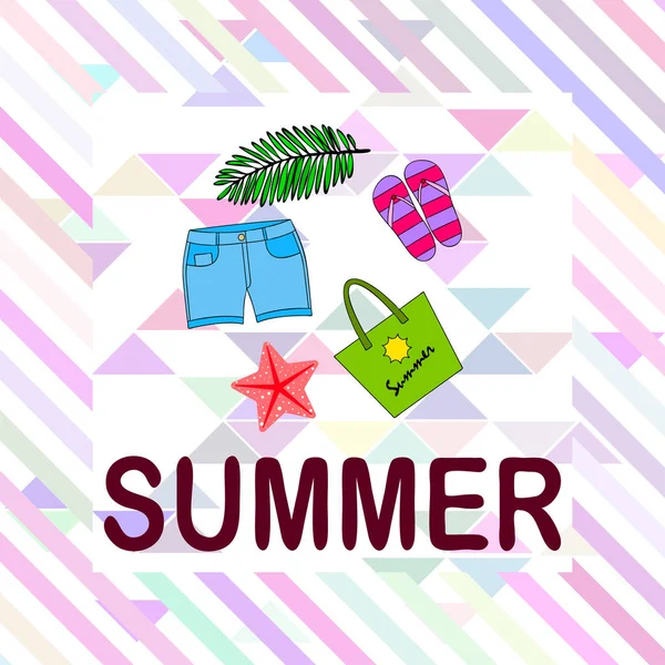 Vacanze estive. Borsa da spiaggia, pantofole, pantaloncini, stelle marine, lenzuolo tropicale. Sfondo vettoriale — Vettoriale Stock
