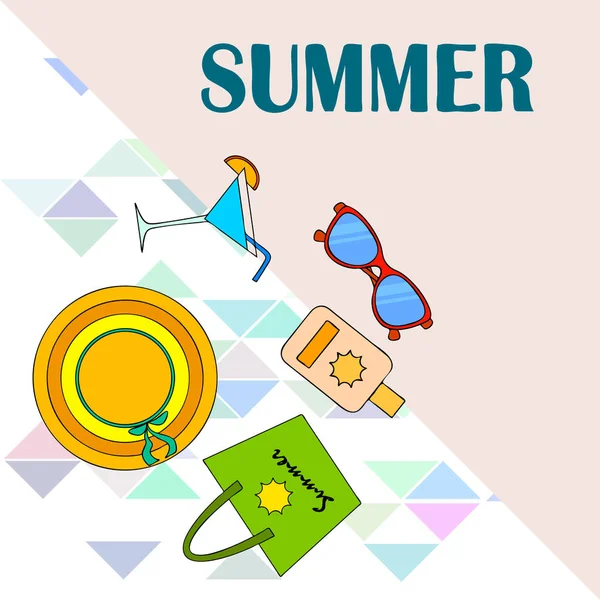 Sahil tatili. Güneş gözlüğü, şapka, plaj çantası, kokteyl, güneş kremi. Vektör arka planı. — Stok Vektör