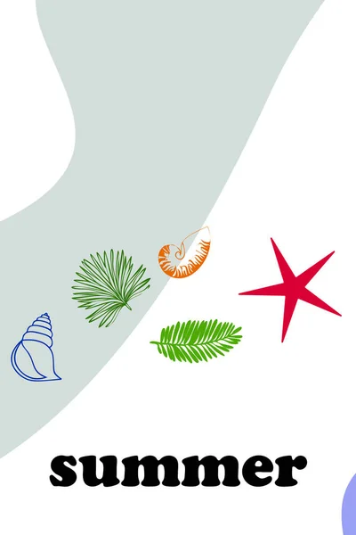 Repos d'été. Étoile de mer, coquillage, feuilles de plantes tropicales. Fond vectoriel — Image vectorielle