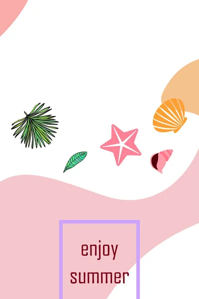 Zomer rust. Zeesterren, Seashell, bladeren van tropische planten. Vector achtergrond — Stockvector