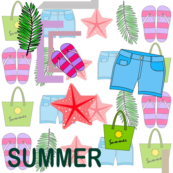 Vacaciones de verano. Bolsa de playa, zapatillas, pantalones cortos, estrellas de mar, sábana tropical. Fondo vectorial — Vector de stock