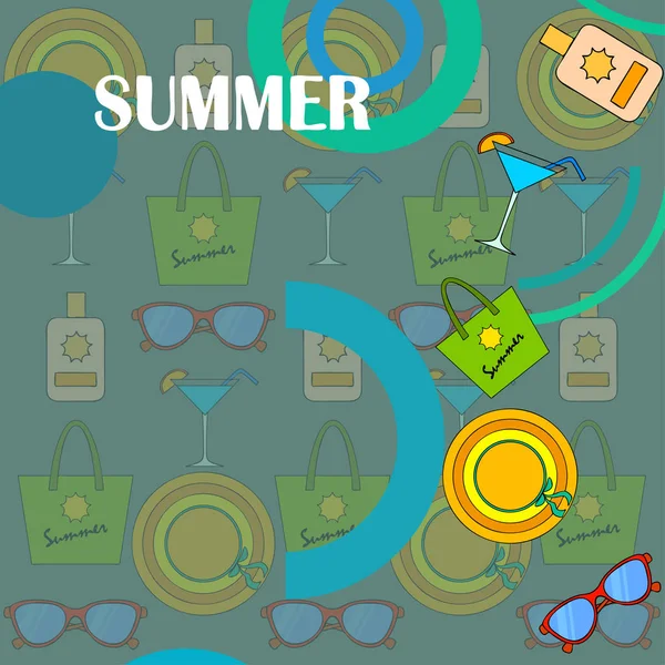Vacanze Mare Occhiali Sole Cappello Borsa Spiaggia Cocktail Crema Solare — Vettoriale Stock