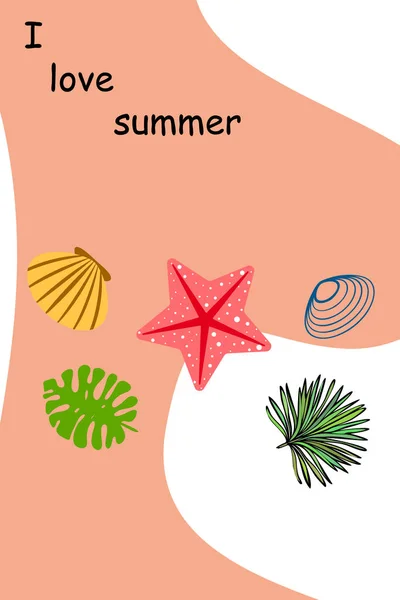 Yaz Istirahati Denizyıldızı Deniz Kabuğu Tropik Bitkilerin Yaprakları Vektör Arka — Stok Vektör