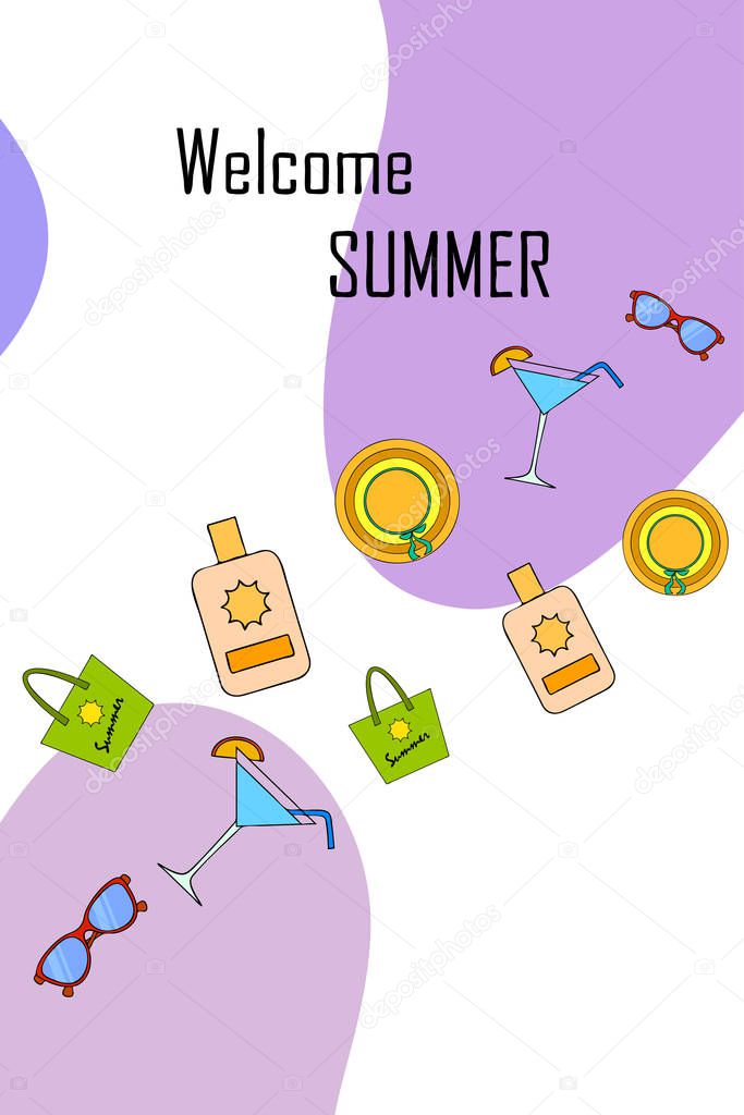 Beach vacation. Sunglasses, hat, beach bag, cocktail, sunscreen. Vector background.