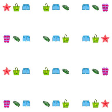 Yaz tatili. Plaj çantası, terlik, şort, denizyıldızı, tropik çarşaf. Vektör arka planı