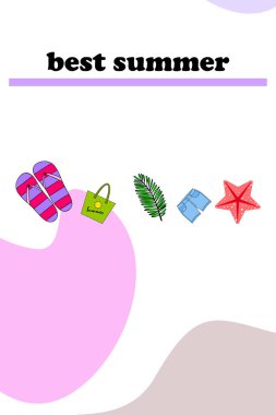 Yaz tatili. Plaj çantası, terlik, şort, denizyıldızı, tropik çarşaf. Vektör arka planı