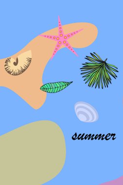 Yaz istirahati. Denizyıldızı, deniz kabuğu, tropik bitkilerin yaprakları. Vektör arka planı