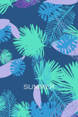 Tropik bitkilerin yaprakları. Renkli yaz kartpostalı, yaz tatili. Vektör arka planı.