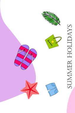 Yaz tatili. Plaj çantası, terlik, şort, denizyıldızı, tropik çarşaf. Vektör arka planı