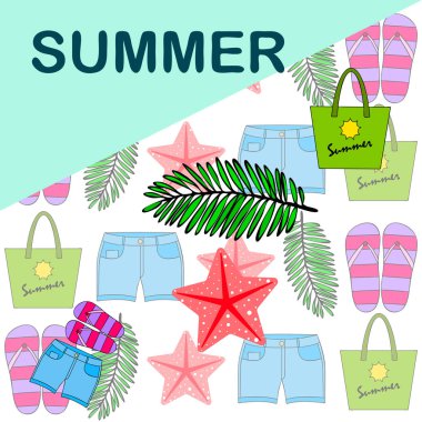 Yaz tatili. Plaj çantası, terlik, şort, denizyıldızı, tropik çarşaf. Vektör arka planı