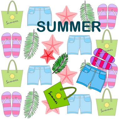 Yaz tatili. Plaj çantası, terlik, şort, denizyıldızı, tropik çarşaf. Vektör arka planı