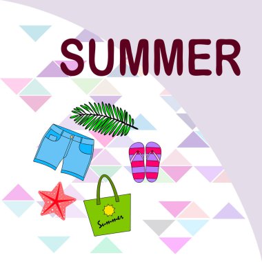 Yaz tatili. Plaj çantası, terlik, şort, denizyıldızı, tropik çarşaf. Vektör arka planı