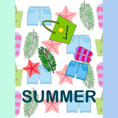 Yaz tatili. Plaj çantası, terlik, şort, denizyıldızı, tropik çarşaf. Vektör arka planı