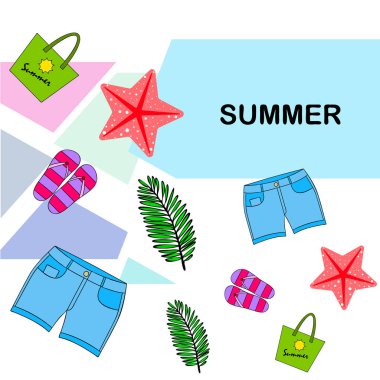 Yaz tatili. Plaj çantası, terlik, şort, denizyıldızı, tropik çarşaf. Vektör arka planı