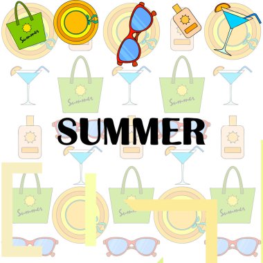 Sahil tatili. Güneş gözlüğü, şapka, plaj çantası, kokteyl, güneş kremi. Vektör arka planı.