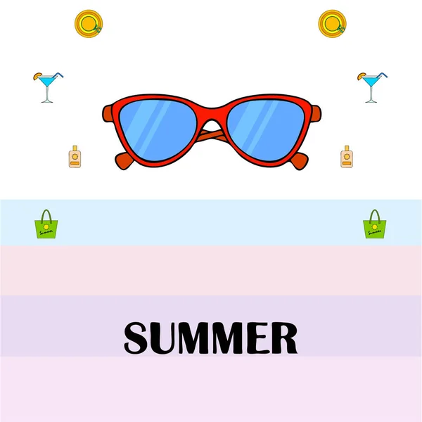 Beach Vacation Sunglasses Hat Beach Bag Cocktail Sunscreen Vector Background — Stock Vector