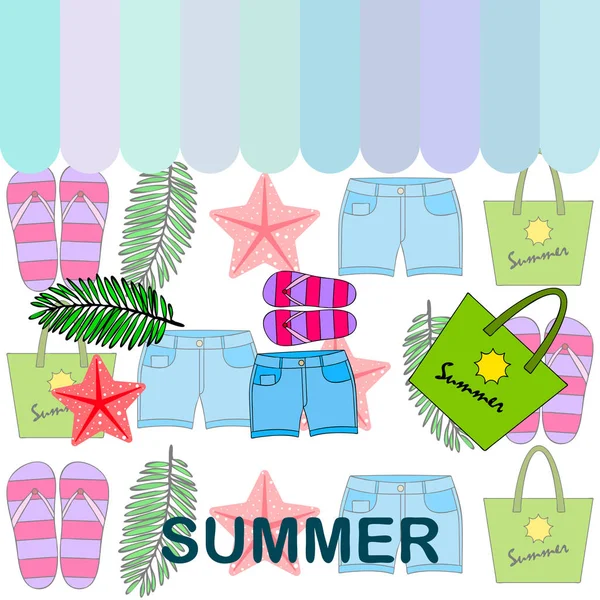 Літня відпустка. Пляжний мішок, тапочки, шорти, морська зірка, тропічний лист. Векторний фон — стоковий вектор